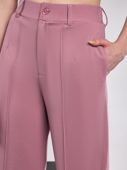 Women Pink Front Darted Knitted Straight Pants