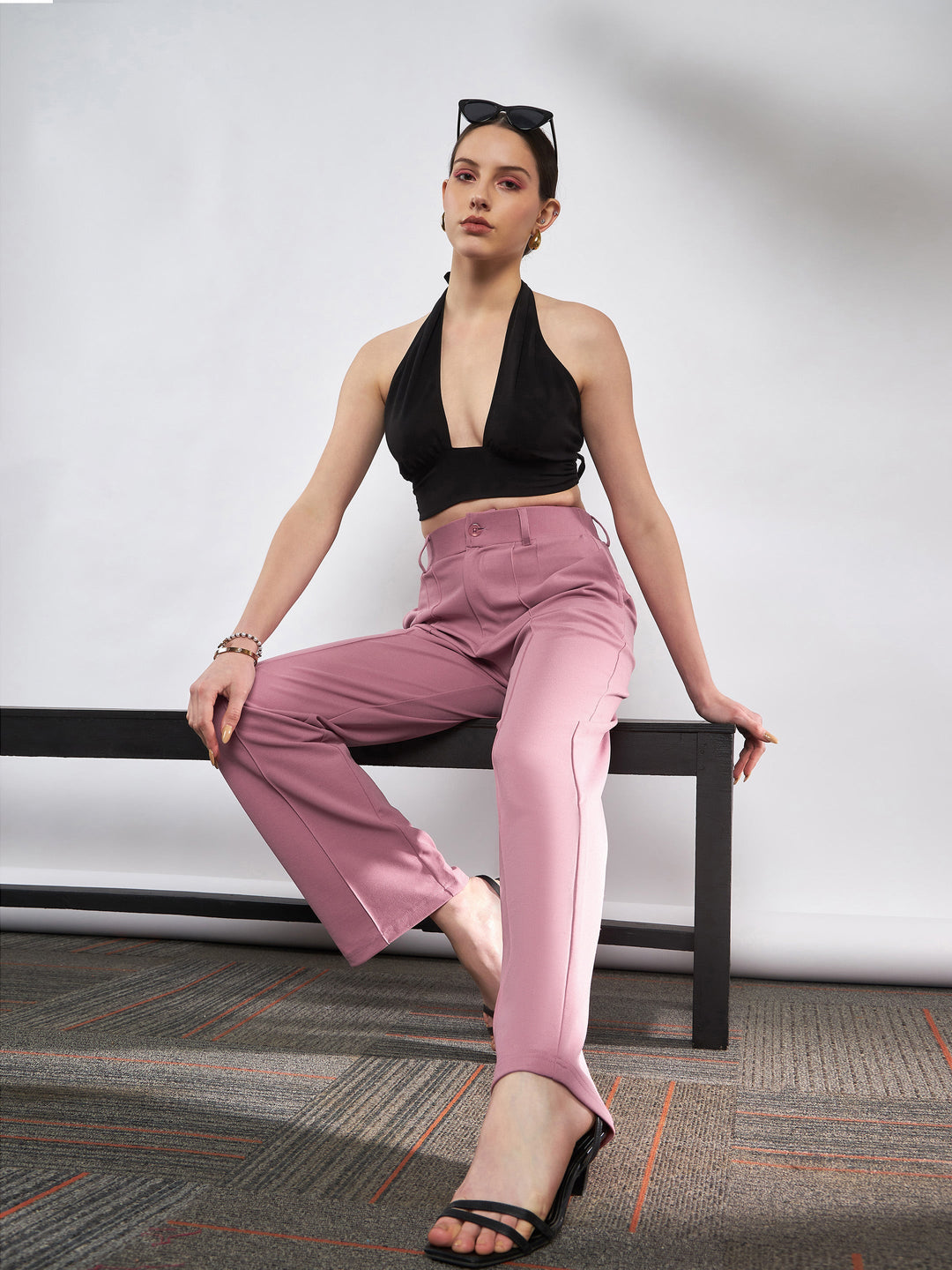 Women Pink Front Darted Knitted Straight Pants