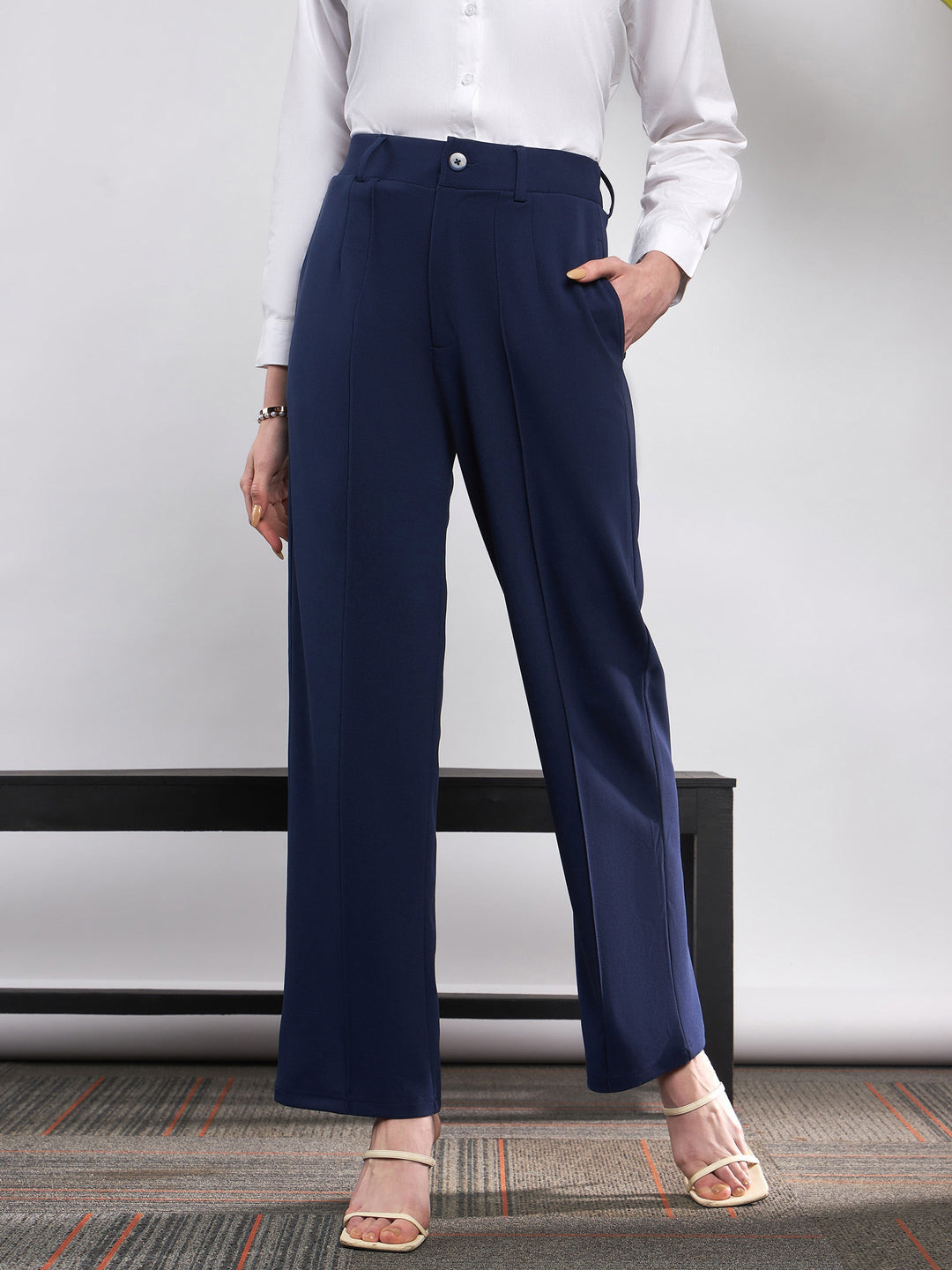 Women's Women Navy Front Darted Knitted Straight Pants in Polyester by Sassafras for wholesale, bulk, supplier, manufacturer and wholesaler buyers from Trendphoria