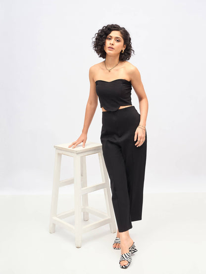 Women Black Front Darted High Waisted Pants