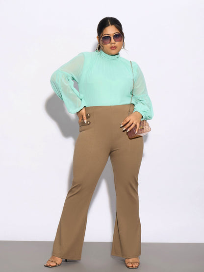 Beige Bell Bottom Stretch Trousers