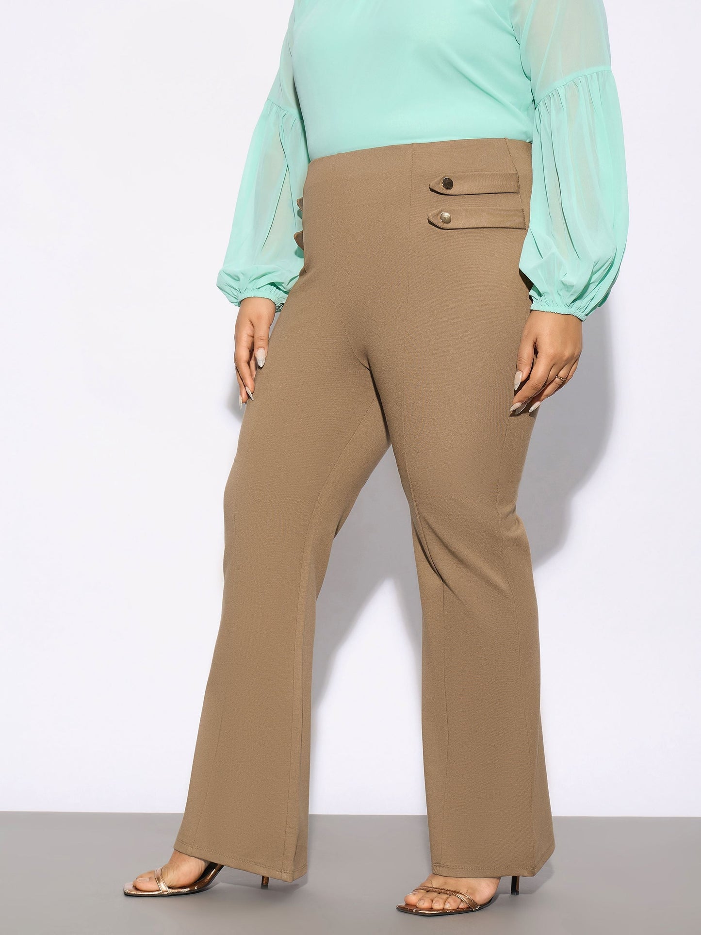 Beige Bell Bottom Stretch Trousers