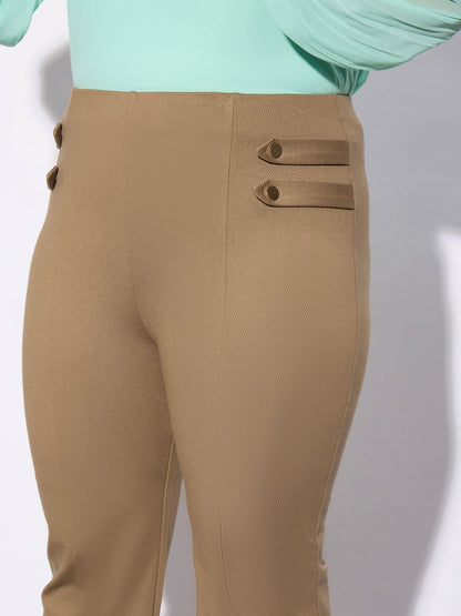Beige Bell Bottom Stretch Trousers