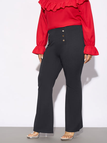 Grey Mock Button Detail Bell Bottom Trousers