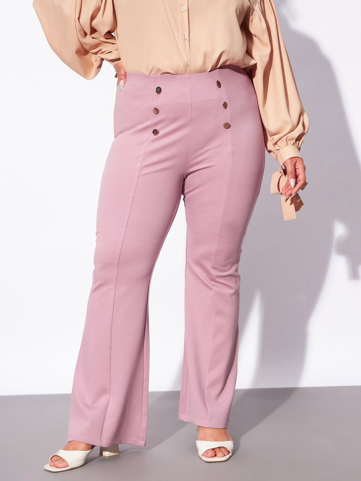 Pale Pink Mock Button Detail Bell Bottom Trousers