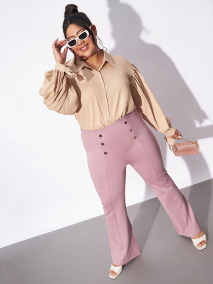 Pale Pink Mock Button Detail Bell Bottom Trousers
