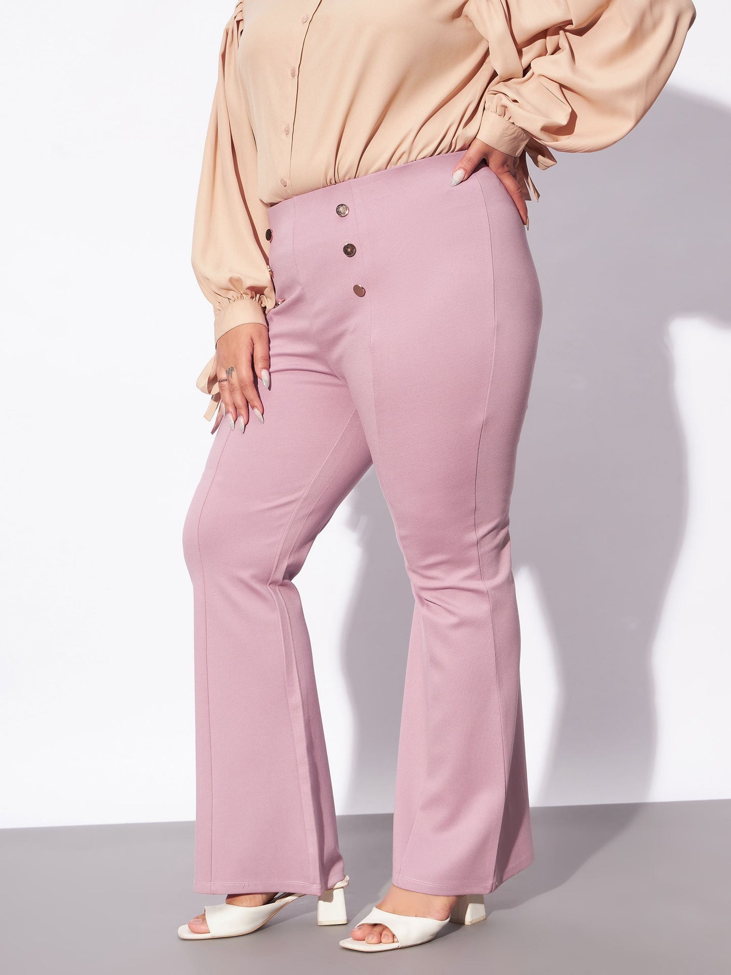 Pale Pink Mock Button Detail Bell Bottom Trousers