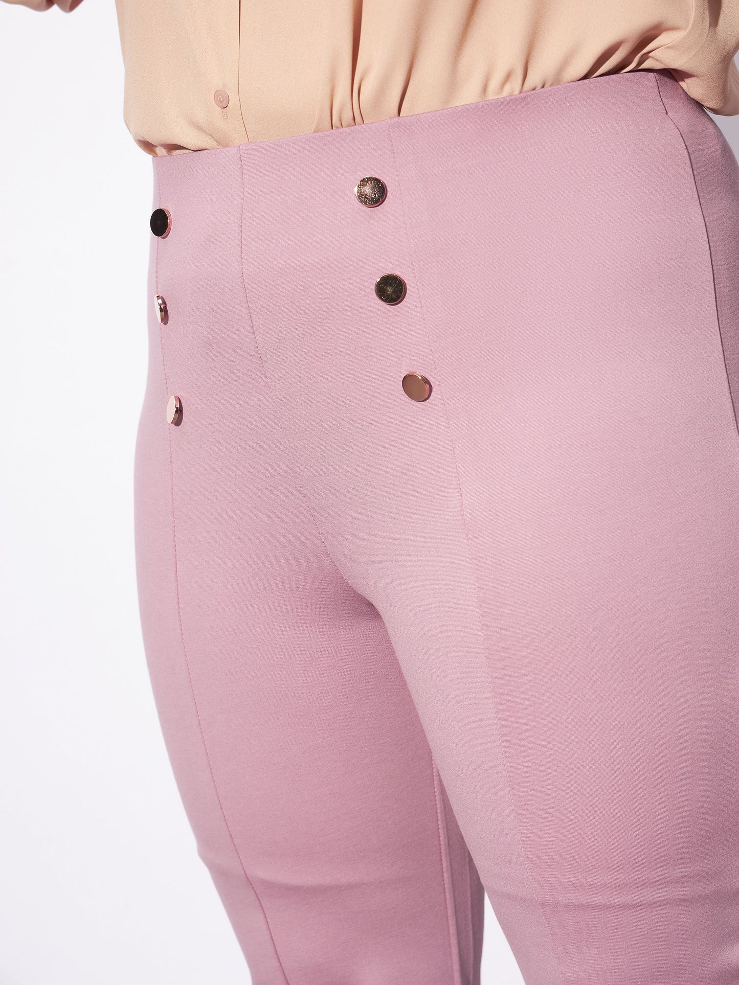 Pale Pink Mock Button Detail Bell Bottom Trousers