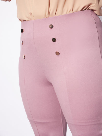 Pale Pink Mock Button Detail Bell Bottom Trousers