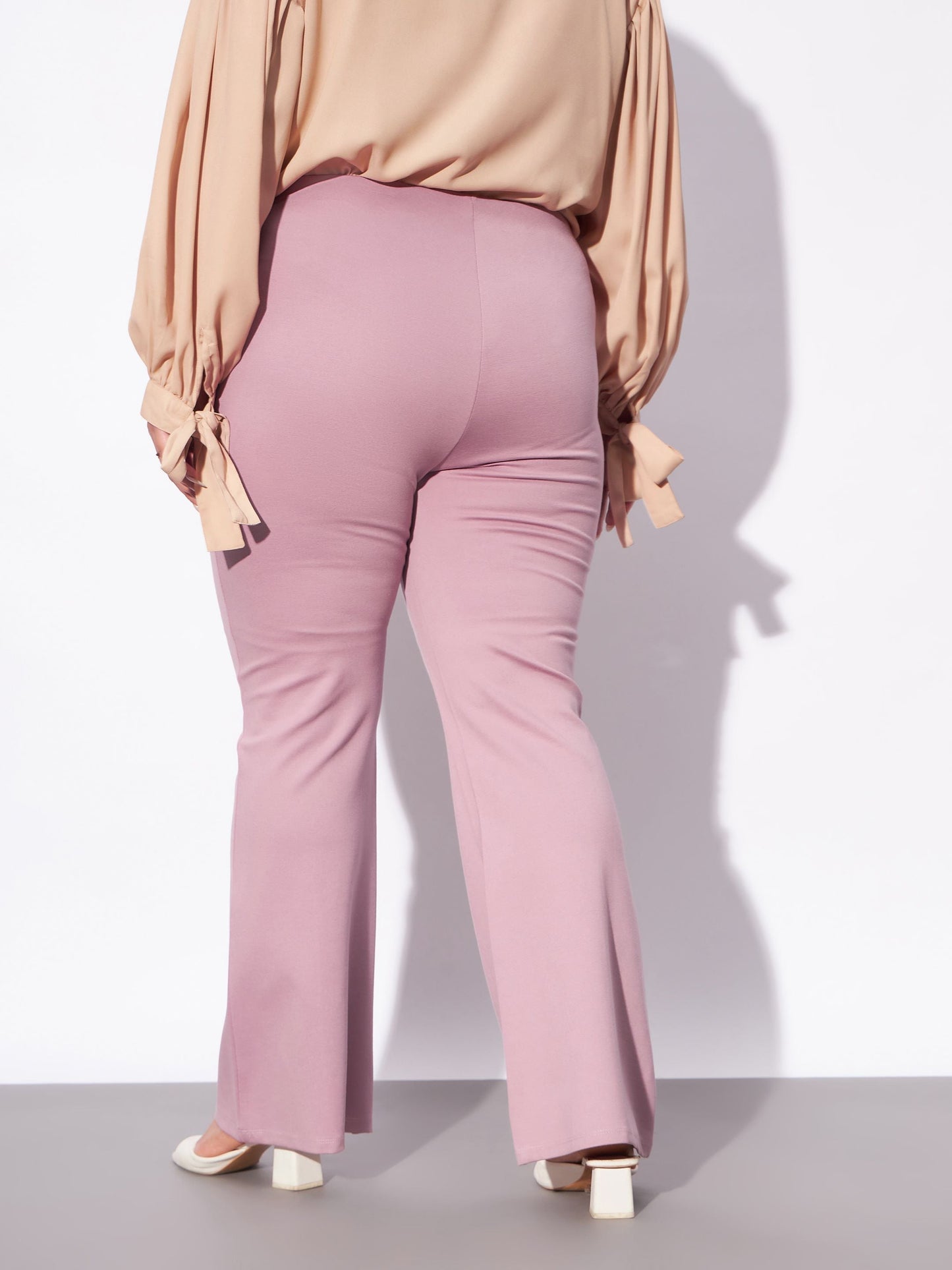 Pale Pink Mock Button Detail Bell Bottom Trousers