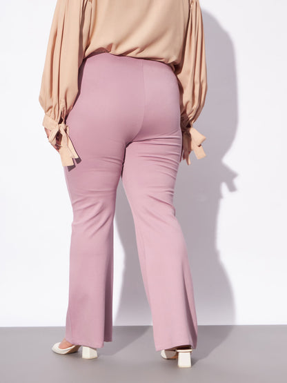 Pale Pink Mock Button Detail Bell Bottom Trousers