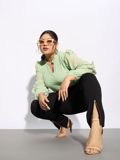 Black Metal Zipper Hem Detail Pants-SASSAFRAS Curve