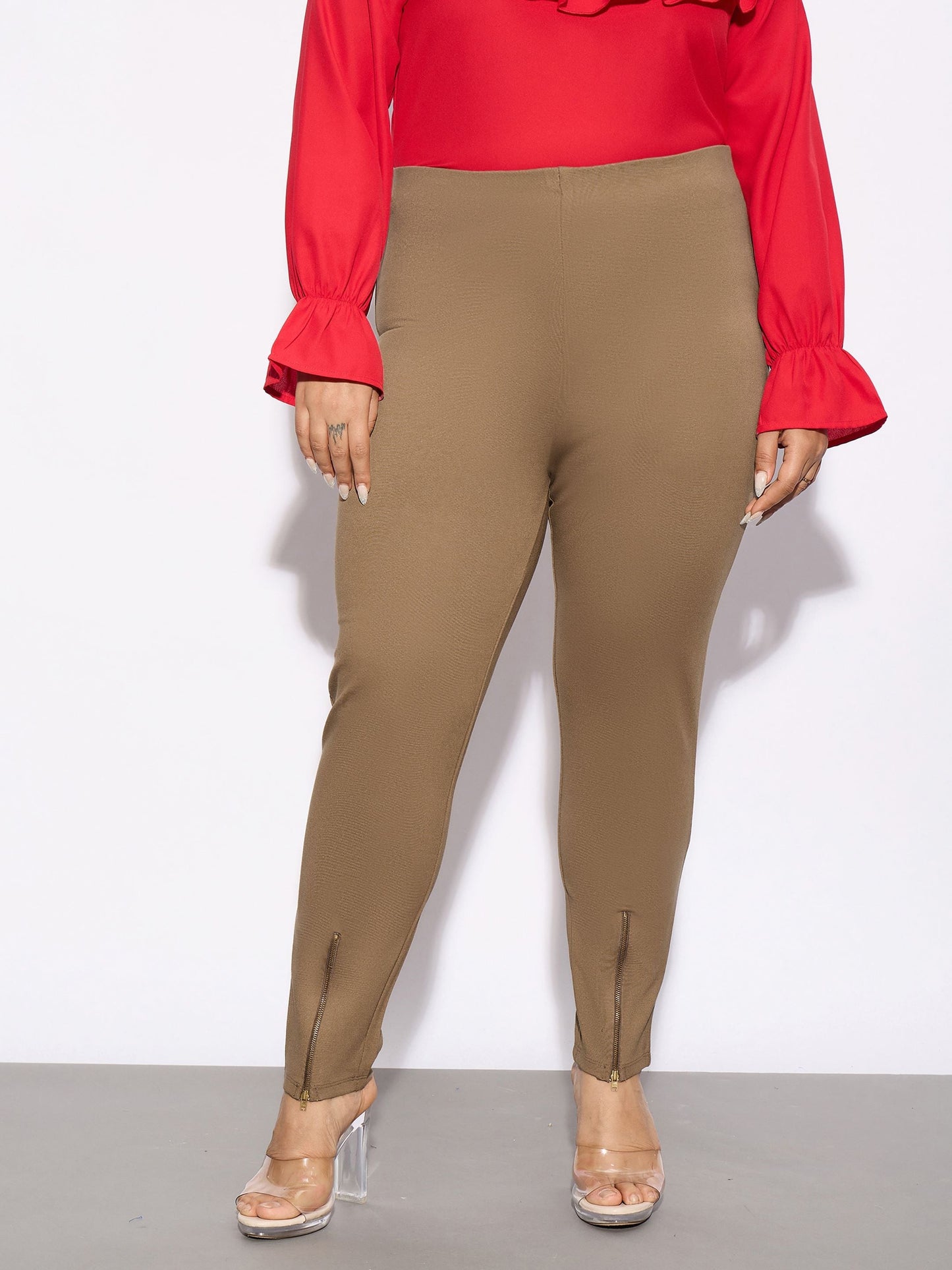 Beige Metal Zipper Hem Detail Pants