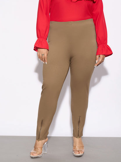 Beige Metal Zipper Hem Detail Pants