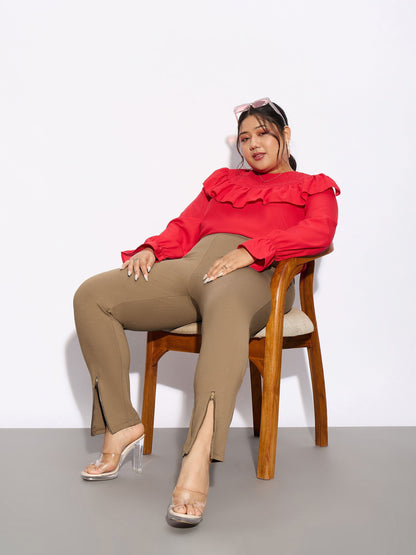 Beige Metal Zipper Hem Detail Pants