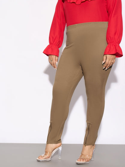 Beige Metal Zipper Hem Detail Pants