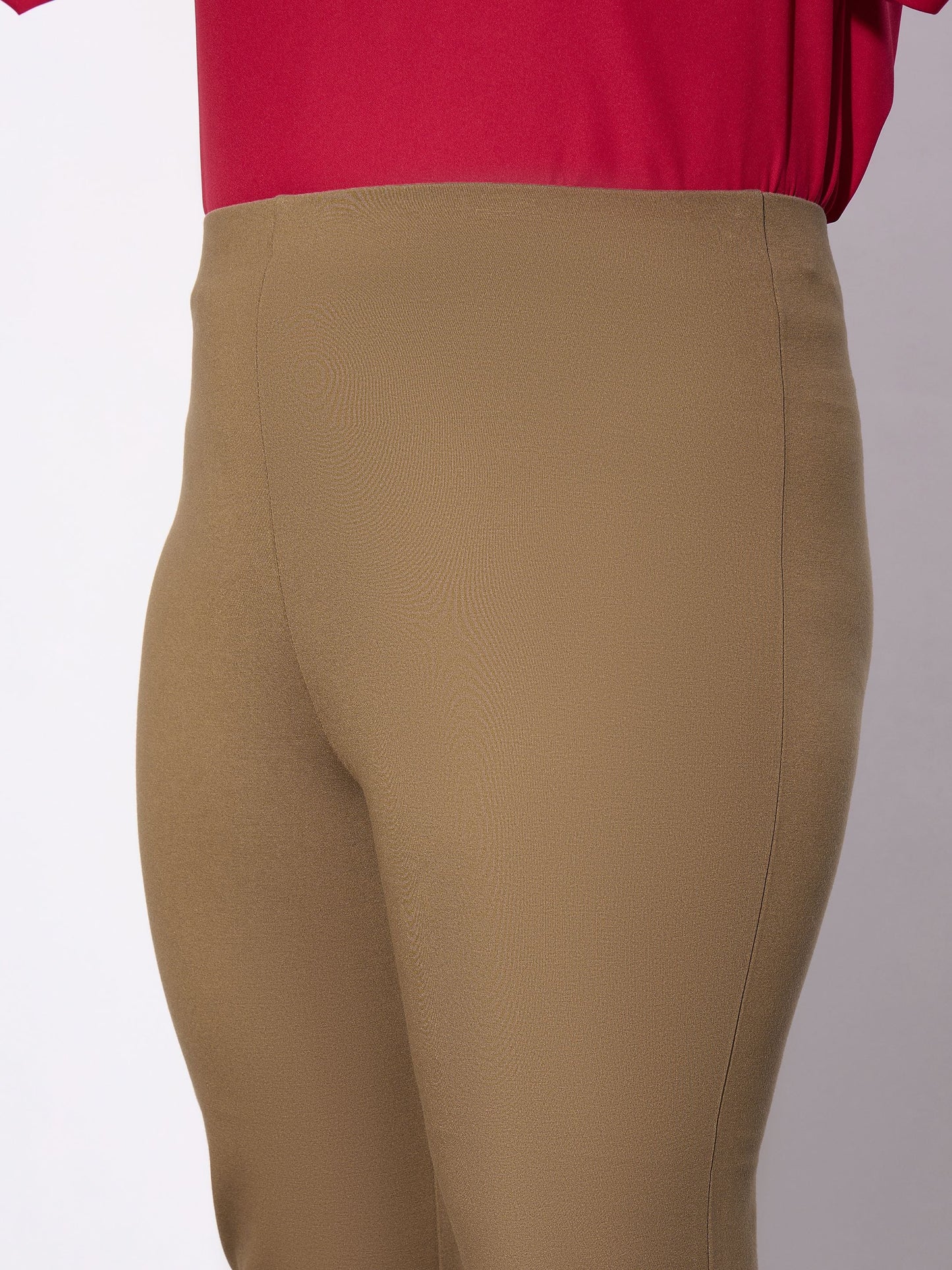 Beige Metal Zipper Hem Detail Pants