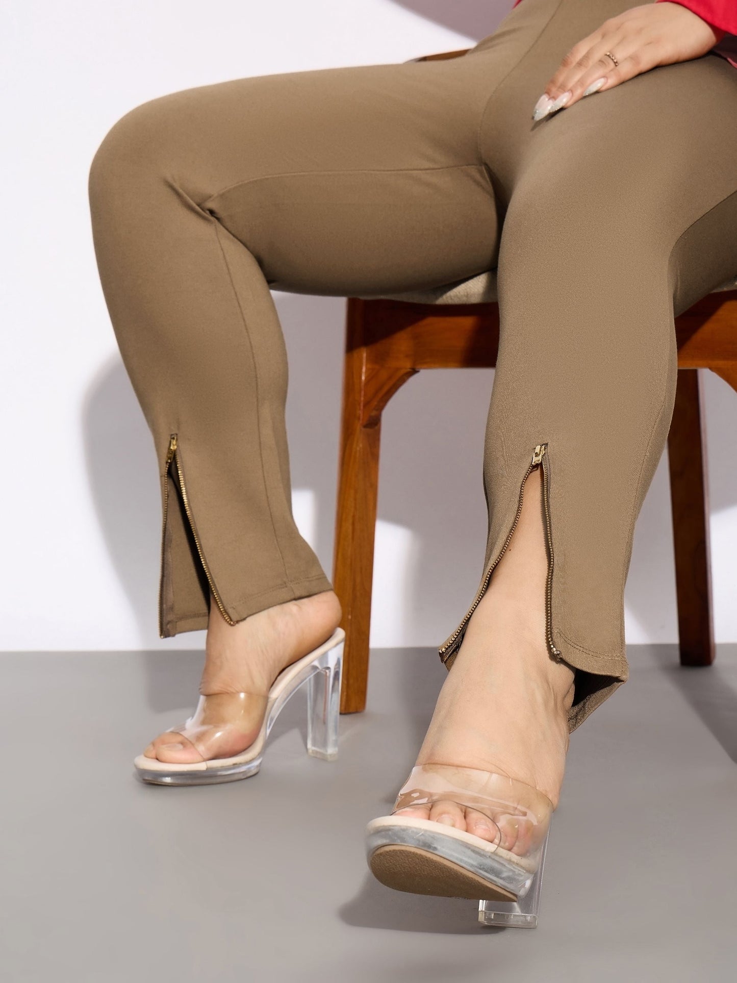 Beige Metal Zipper Hem Detail Pants