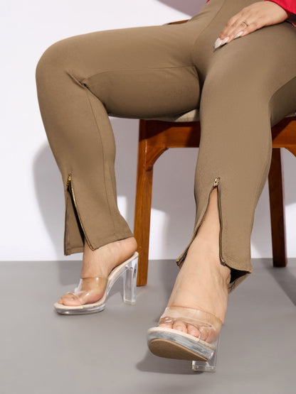 Beige Metal Zipper Hem Detail Pants
