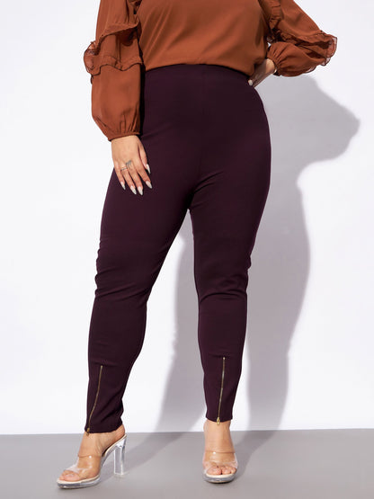 Burgundy Metal Zipper Hem Detail Pants