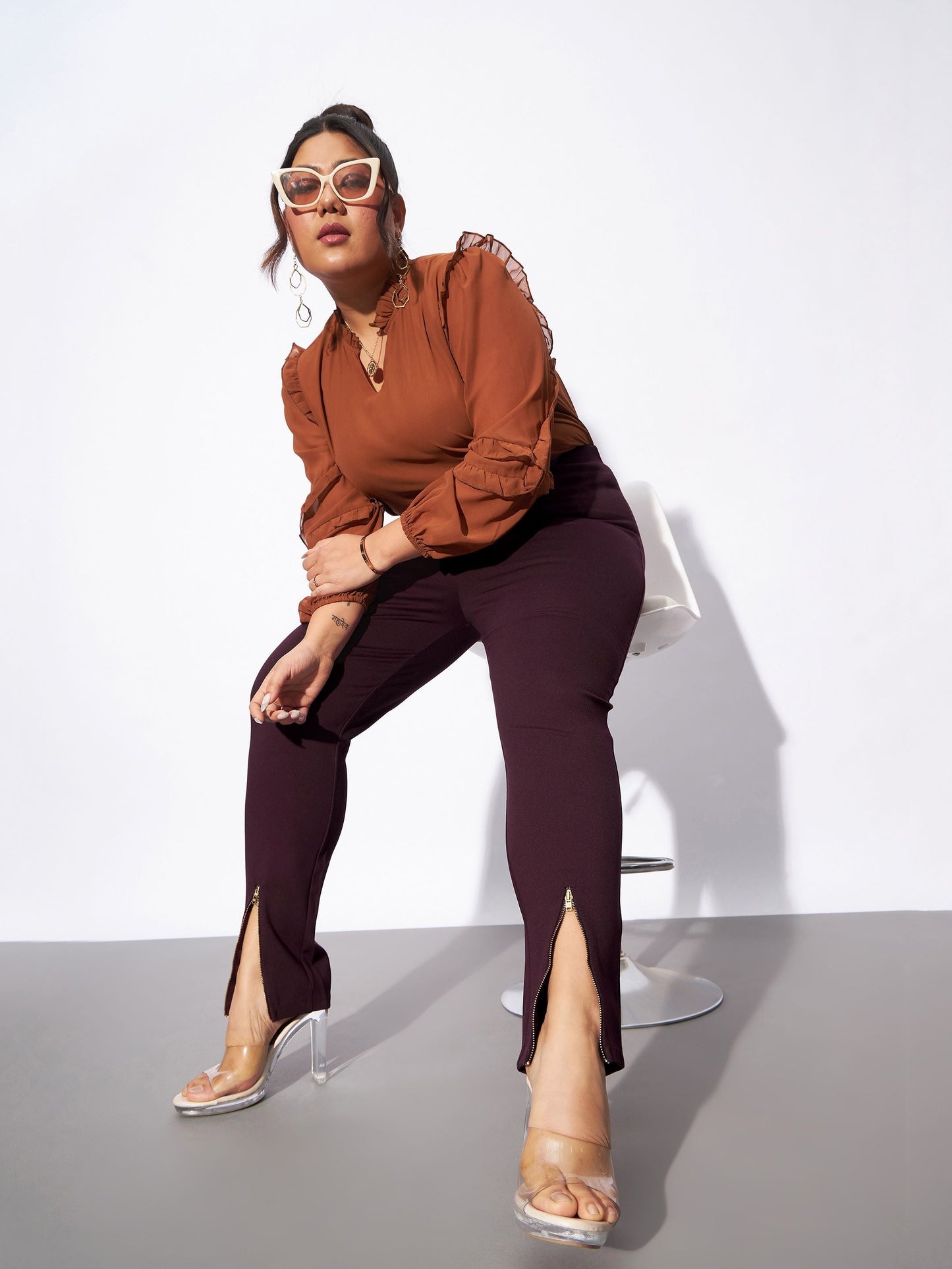 Burgundy Metal Zipper Hem Detail Pants
