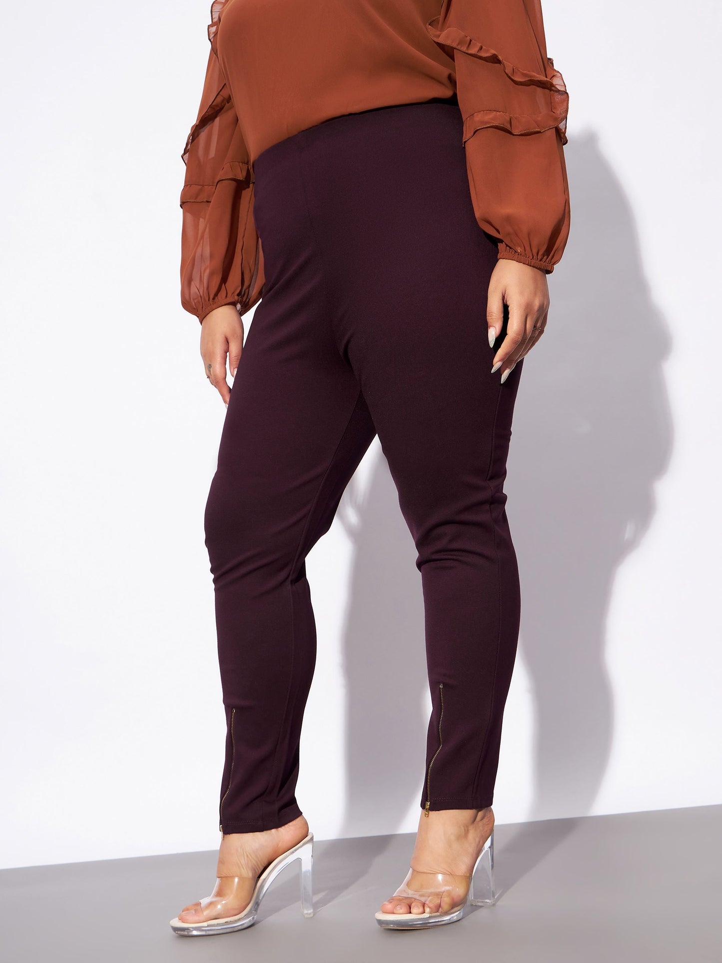 Burgundy Metal Zipper Hem Detail Pants