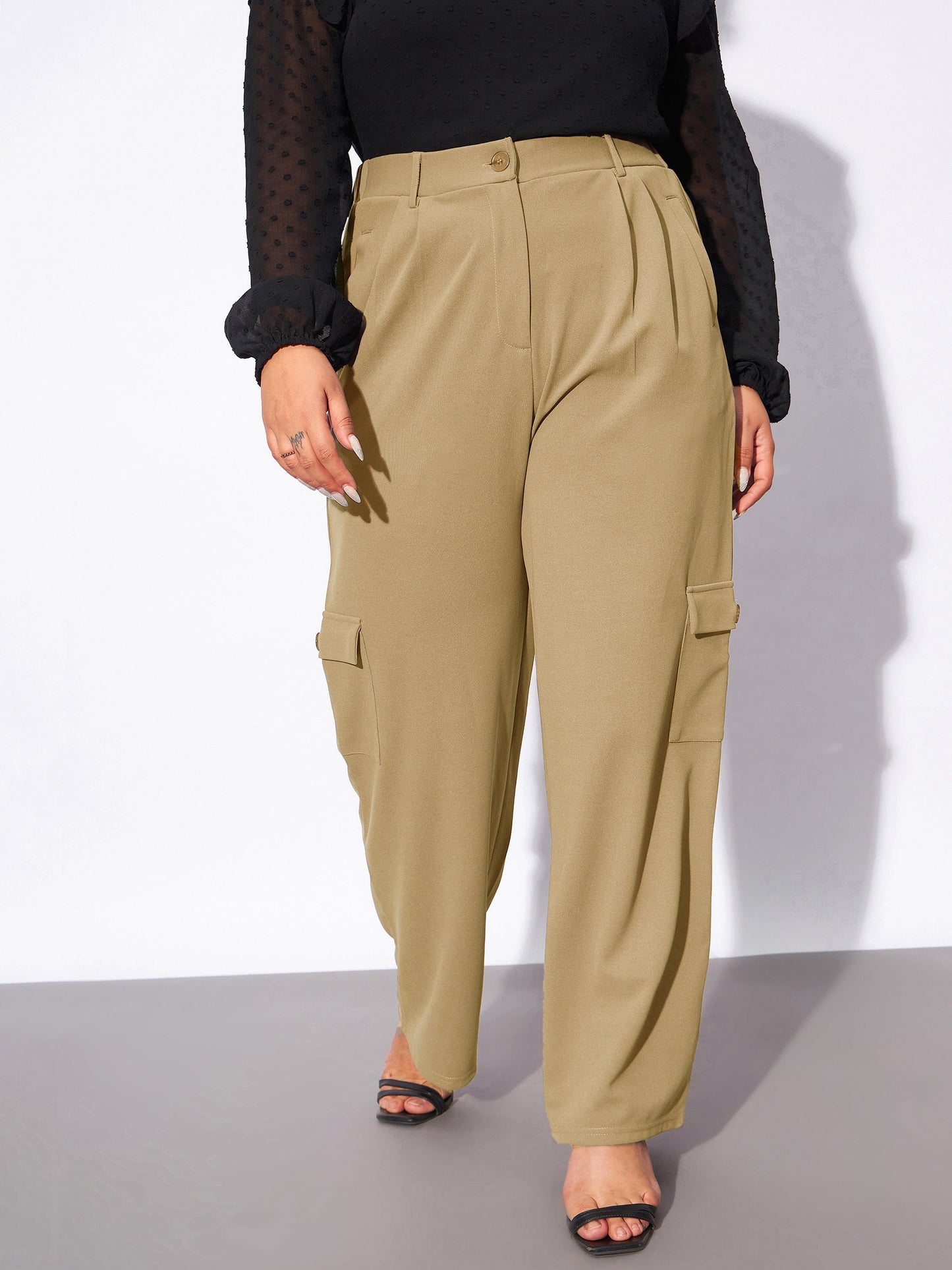 Plus size women's Beige Polyester Beige Multi Pockets Cargo Pants by Sassafras Curve for wholesale buyers, boutiques, resellers and bulk orders from