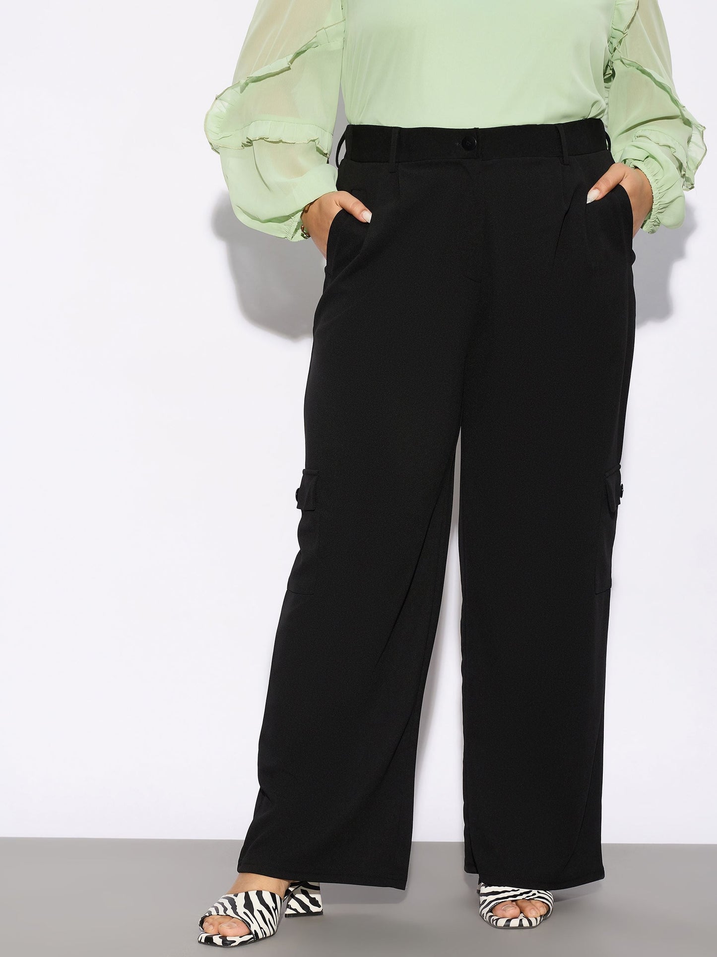 Plus size women's Black Polyester Black Multi Pockets Cargo Pants by Sassafras Curve for wholesale buyers, boutiques, resellers and bulk orders from