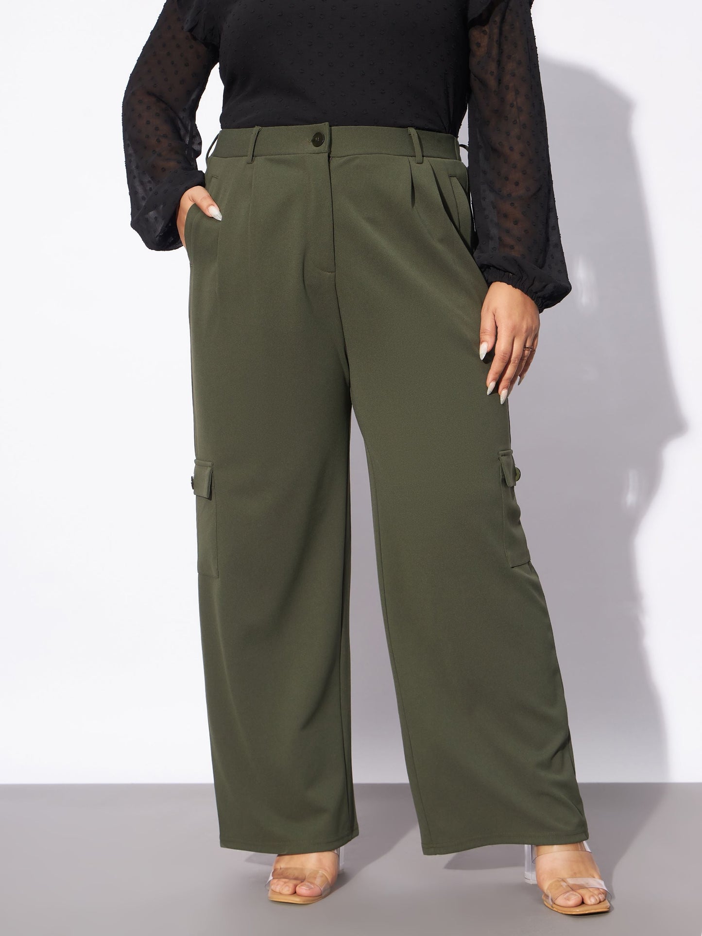 Plus size women's Olive Polyester Olive Multi Pockets Cargo Pants by Sassafras Curve for wholesale buyers, boutiques, resellers and bulk orders from