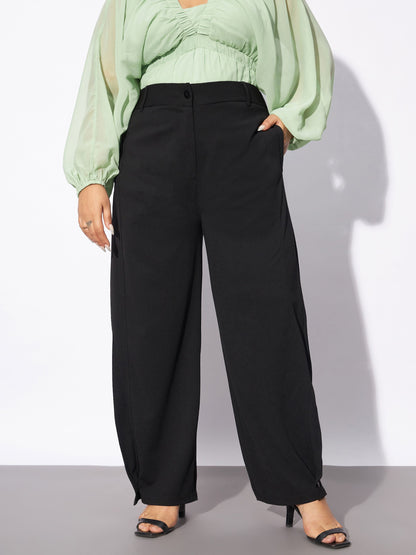 Black Hem Button Detail Straight Pants