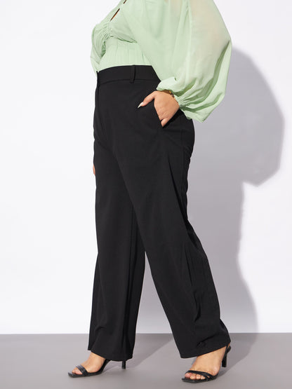 Black Hem Button Detail Straight Pants