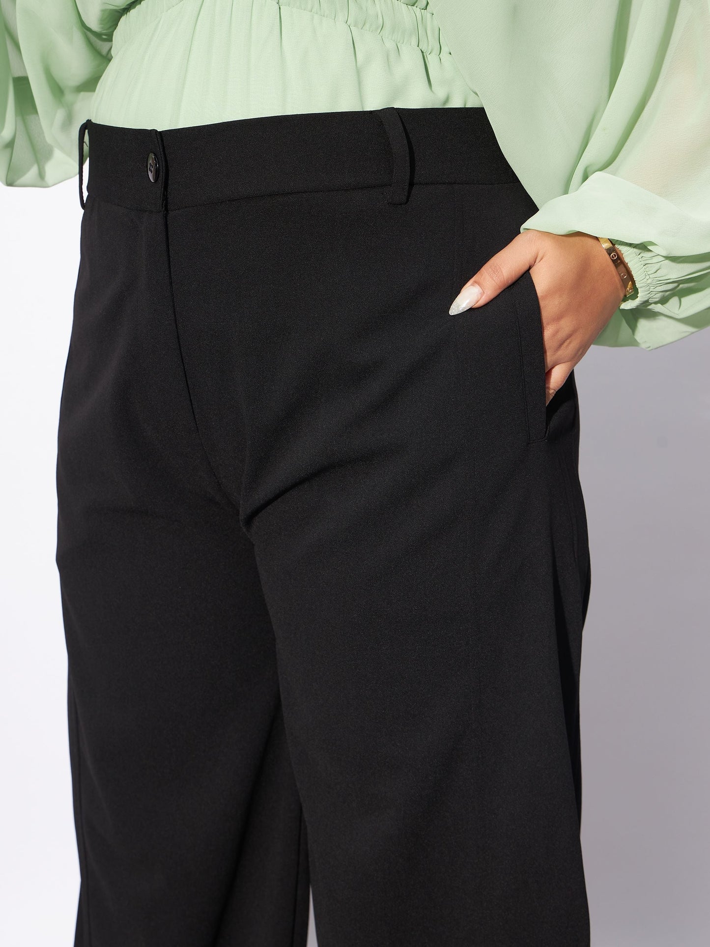 Black Hem Button Detail Straight Pants