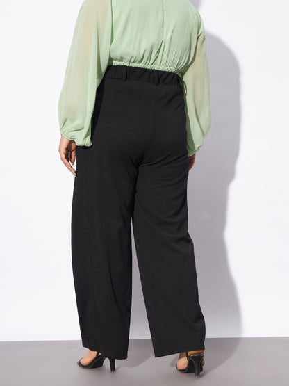 Black Hem Button Detail Straight Pants