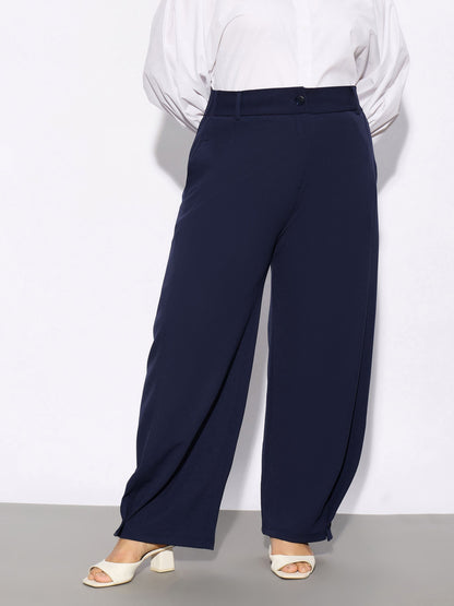 Navy Hem Button Detail Straight Pants