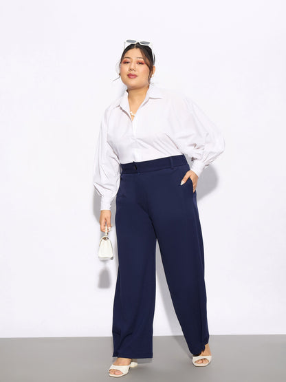 Navy Hem Button Detail Straight Pants