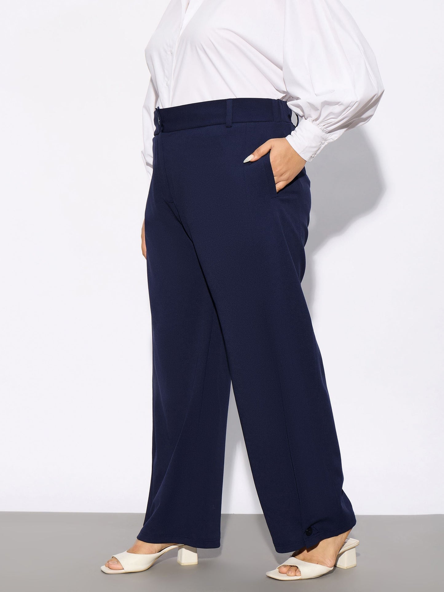Navy Hem Button Detail Straight Pants