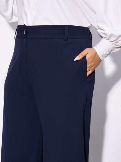 Navy Hem Button Detail Straight Pants