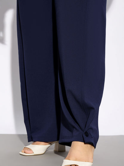 Navy Hem Button Detail Straight Pants
