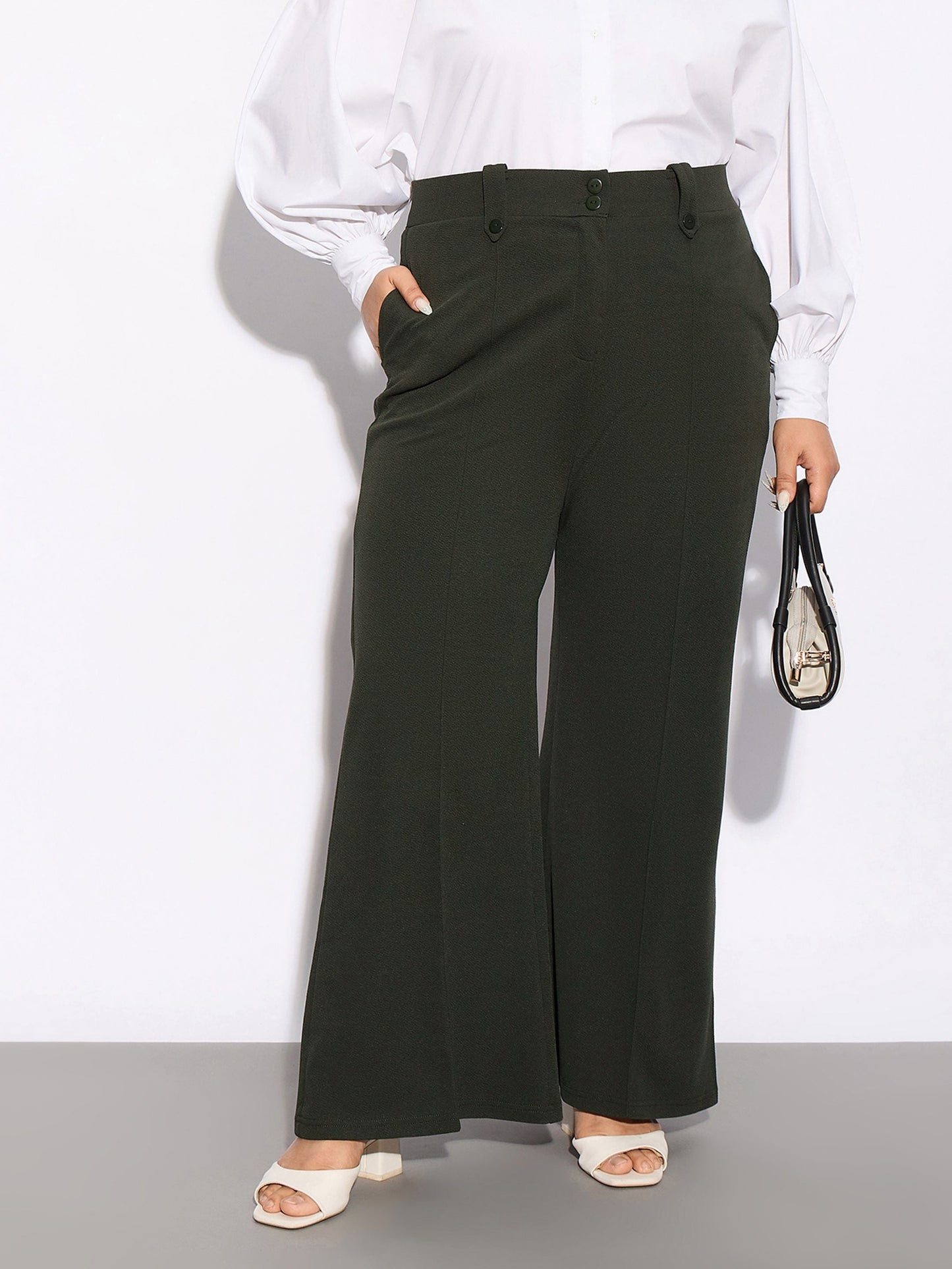 Olive Front Loop Detail Bell Bottom Pants