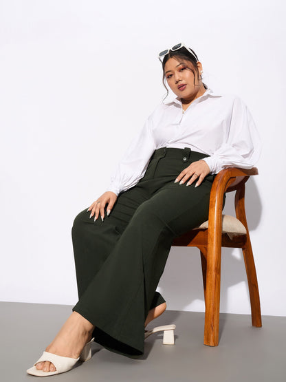 Olive Front Loop Detail Bell Bottom Pants