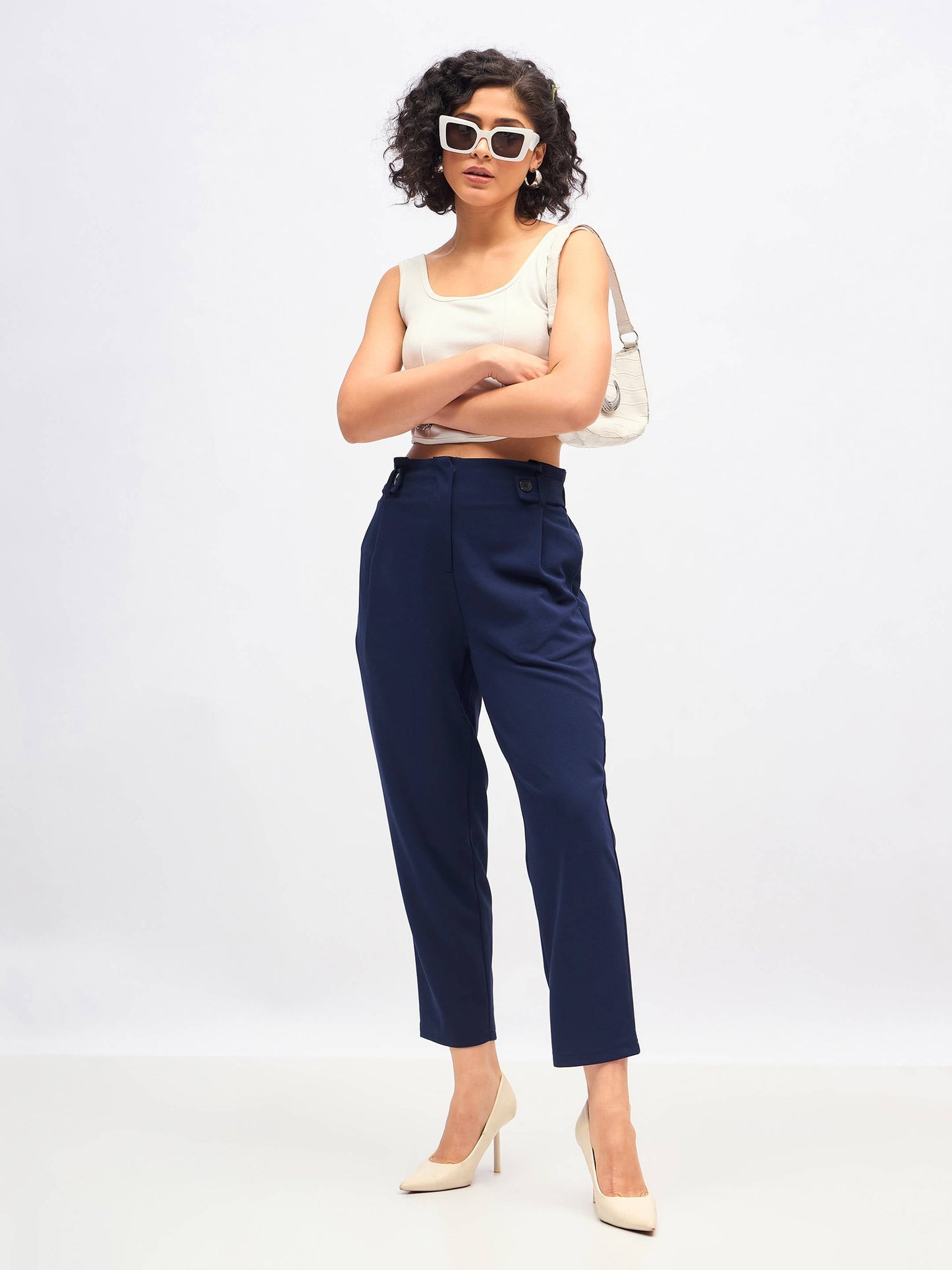 Women Navy Front Button Paperback Waist Pants