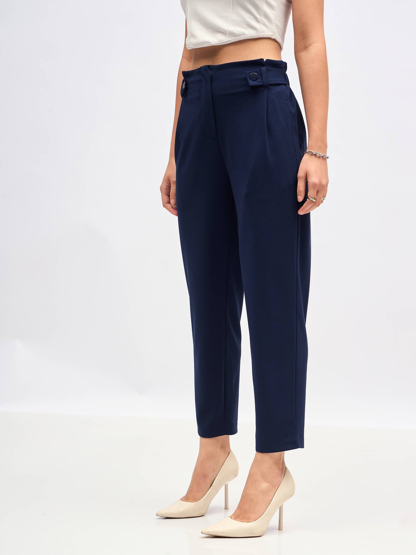 Women Navy Front Button Paperback Waist Pants