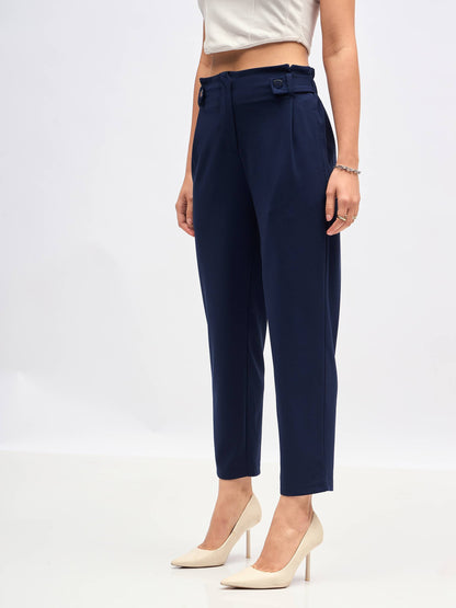 Women Navy Front Button Paperback Waist Pants