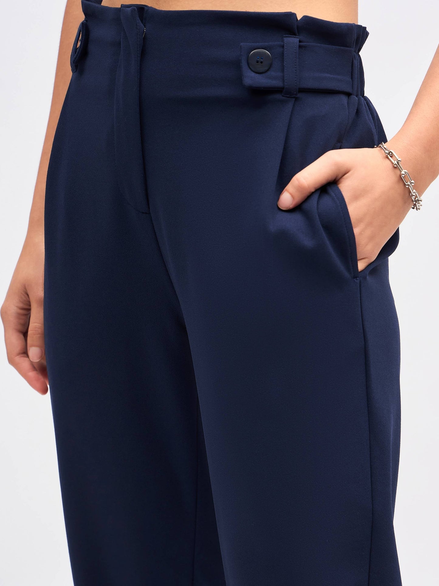 Women Navy Front Button Paperback Waist Pants