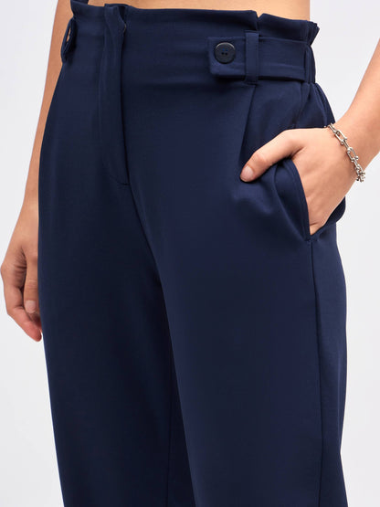 Women Navy Front Button Paperback Waist Pants