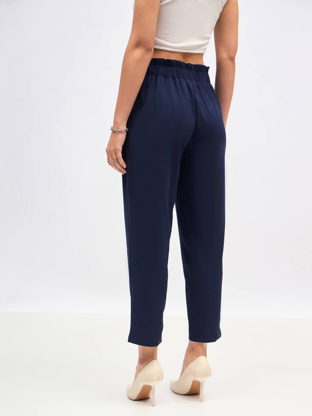 Women Navy Front Button Paperback Waist Pants