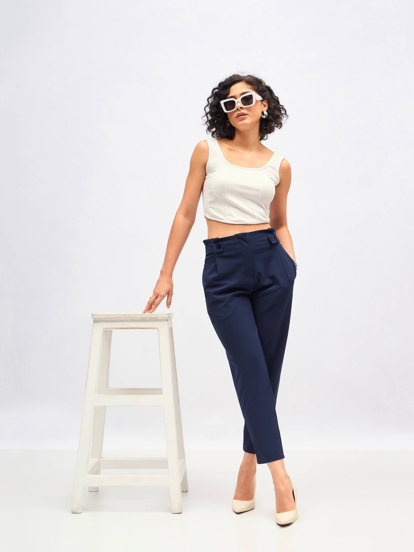 Women Navy Front Button Paperback Waist Pants