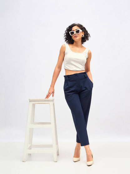 Women Navy Front Button Paperback Waist Pants