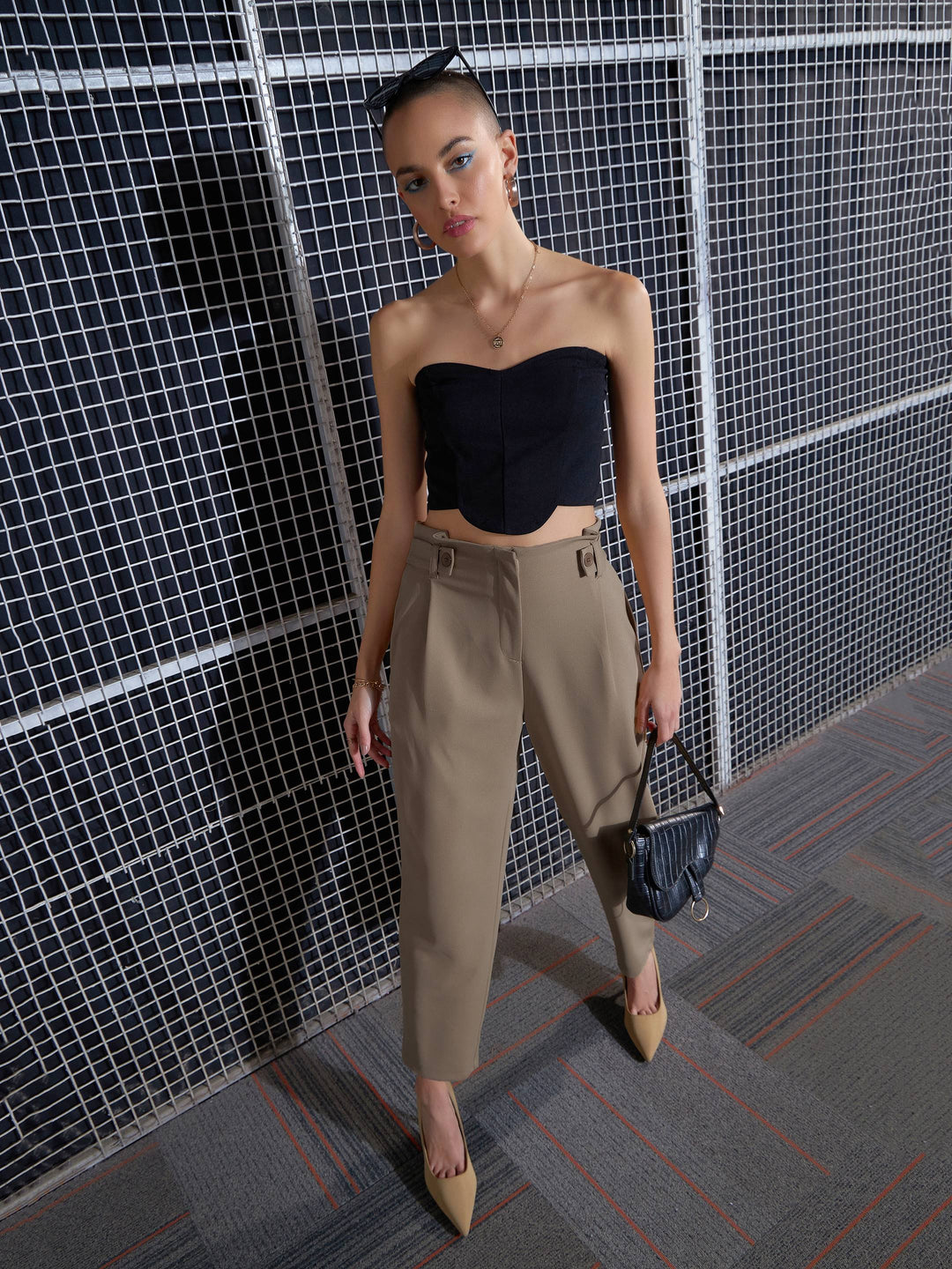 Women Beige Front Button Paperback Waist Pants