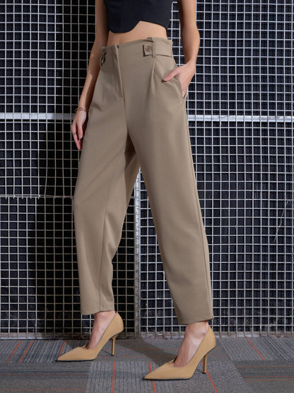 Women Beige Front Button Paperback Waist Pants